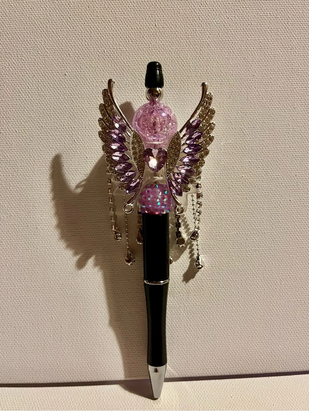 Decorative Angel Wing Ballpoint Pen w/Purple & White Crystal Accents